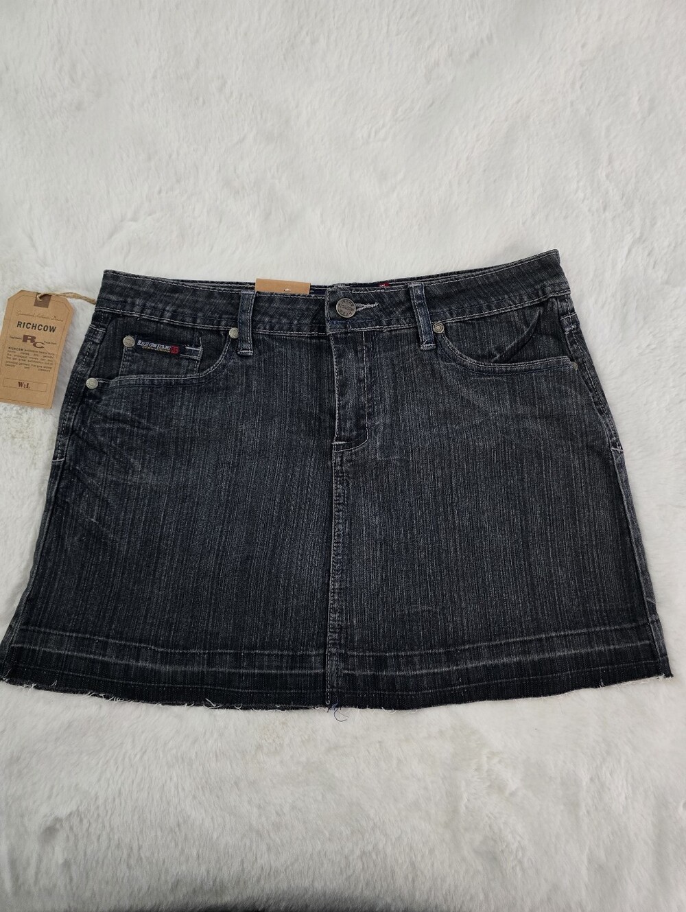Richcow Blue Denim Mini Skirt With Beaded Angel Wing Back Pockets (NWT)